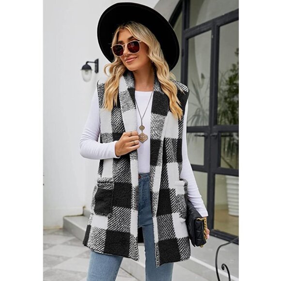 Black Plaid Print Faux Fur Oversized Open Front Sleeveless Vest Cardigan Sweater - Picture 1 of 6